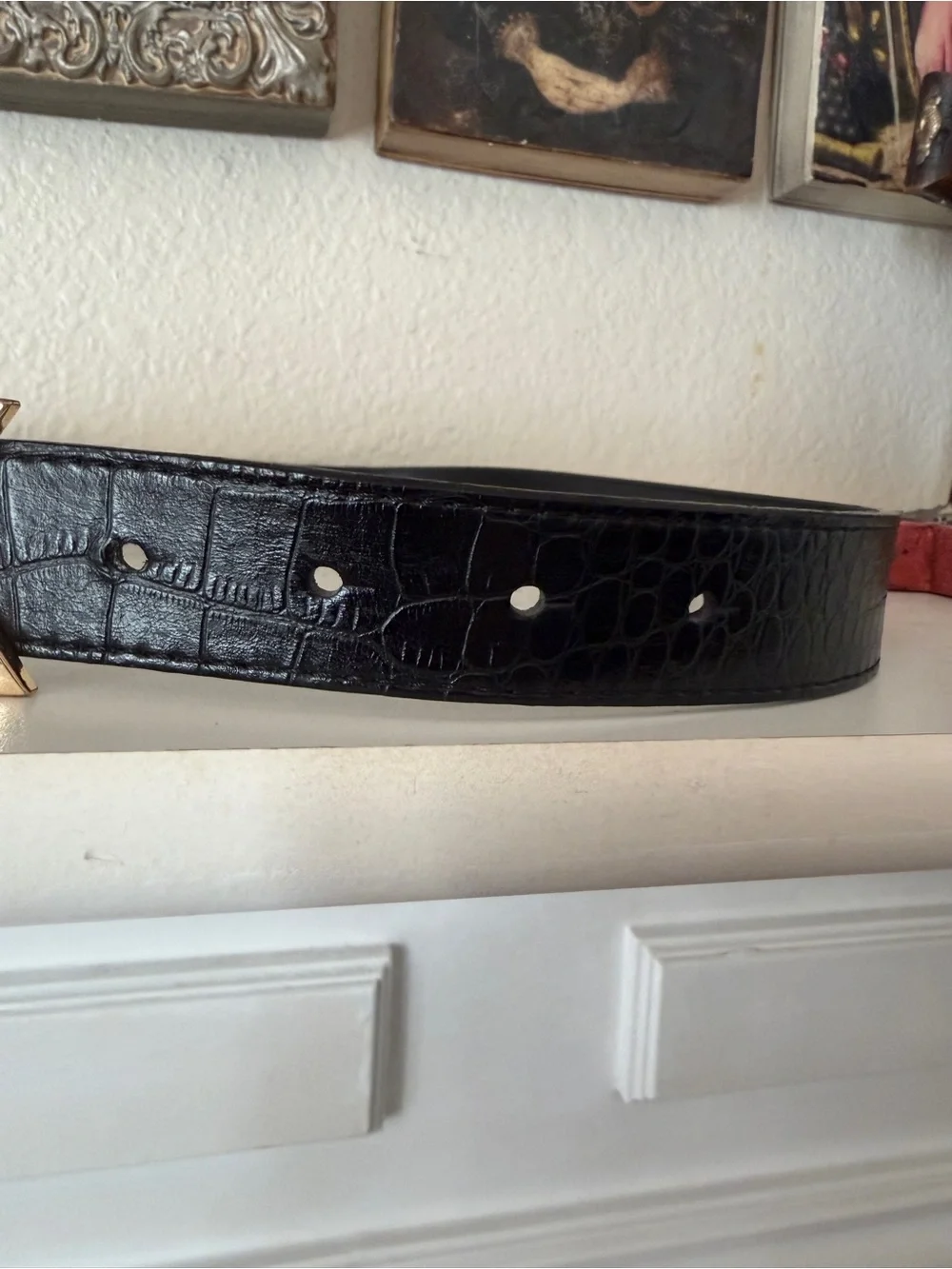 Armani Exchange Black Croc Embossed Belt Gold AX Logo Buckle 40”
